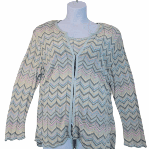 Lightweight beige knit cardigan with zigzag pattern and buttons.
