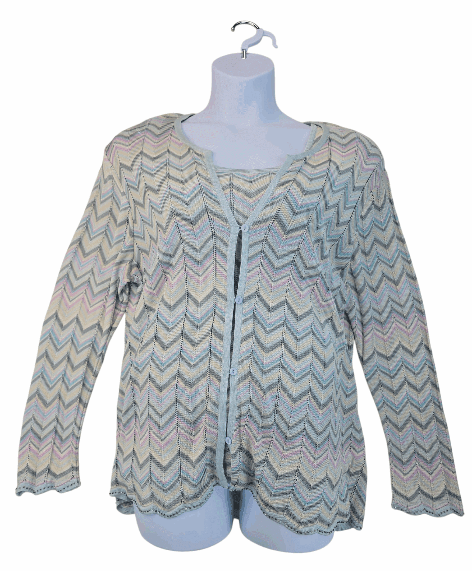 Lightweight beige knit cardigan with zigzag pattern and buttons.