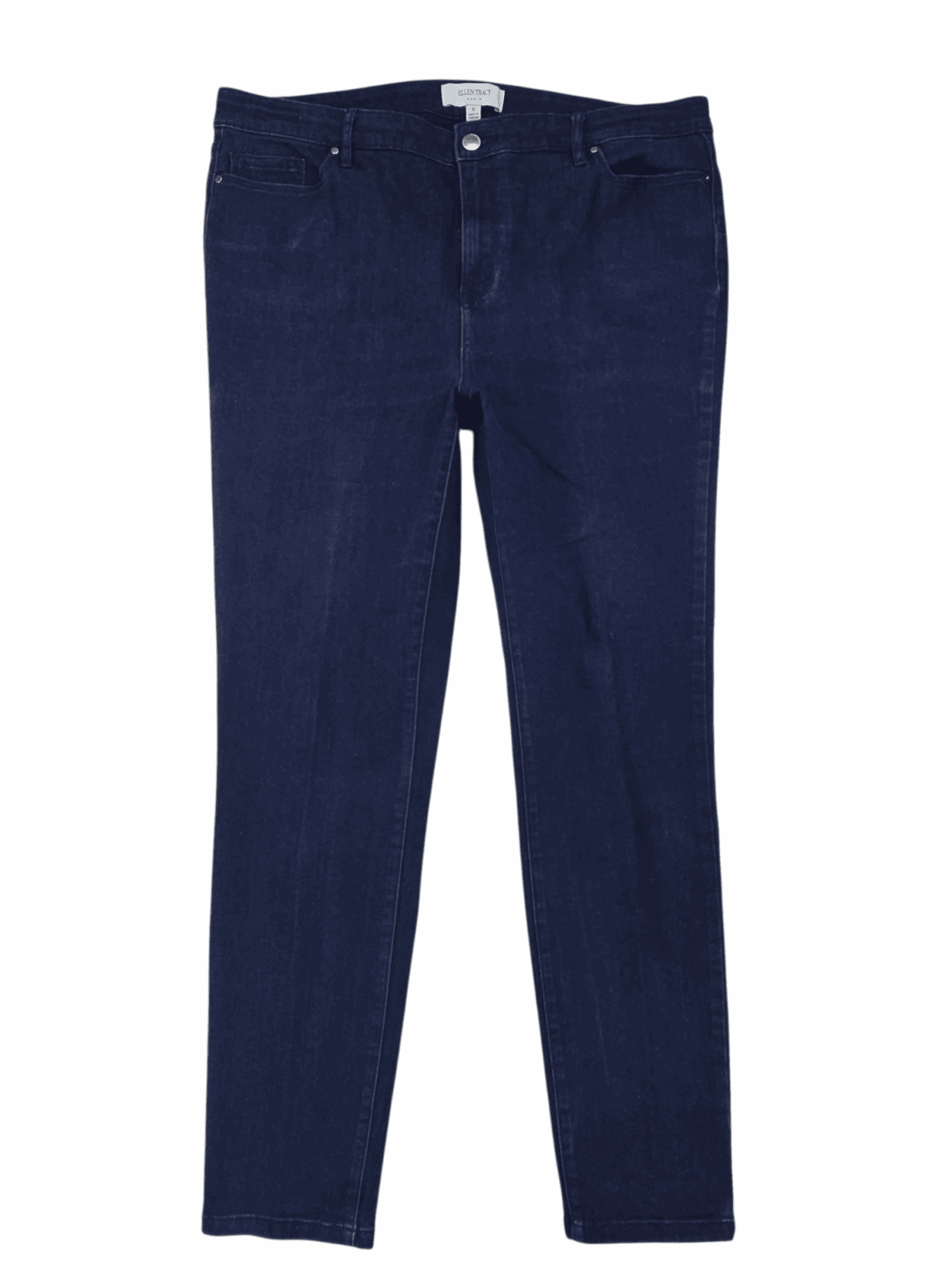 A pair of dark blue skinny jeans with front pockets.