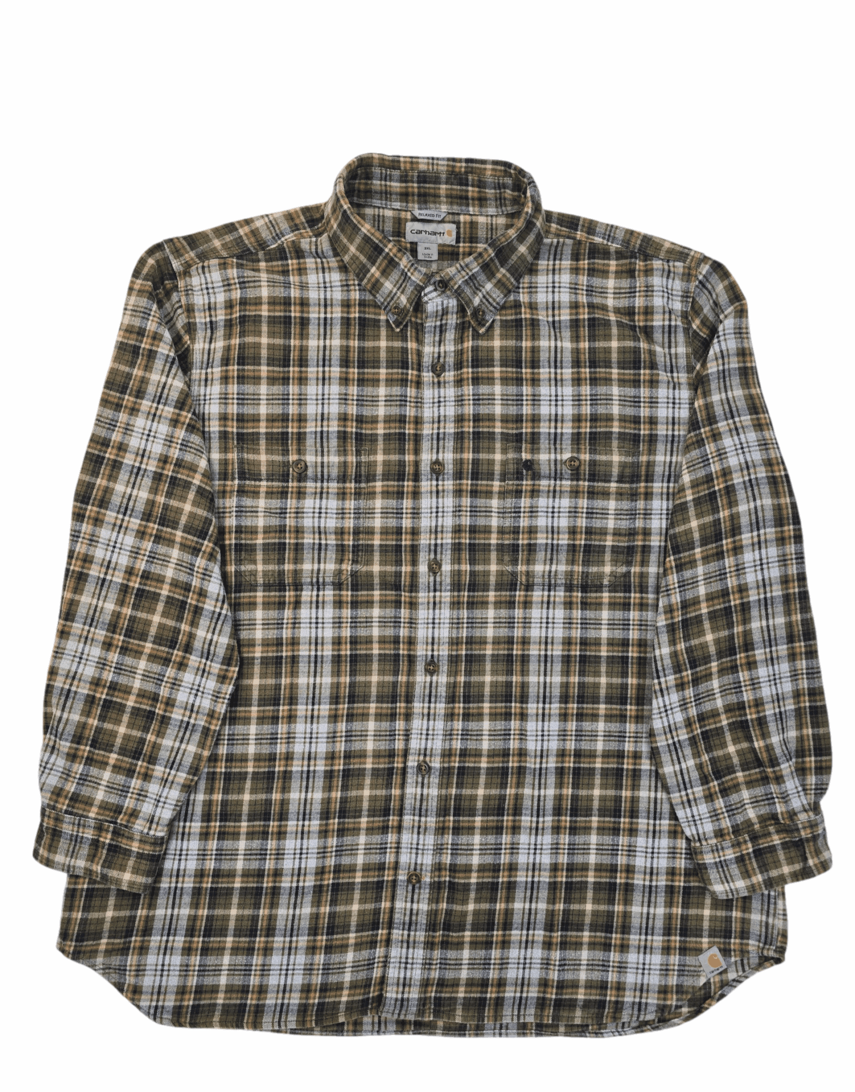 Brown and white plaid button-up shirt with long sleeves.