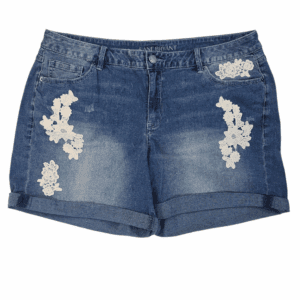 Blue denim shorts with floral lace patches and rolled hems.
