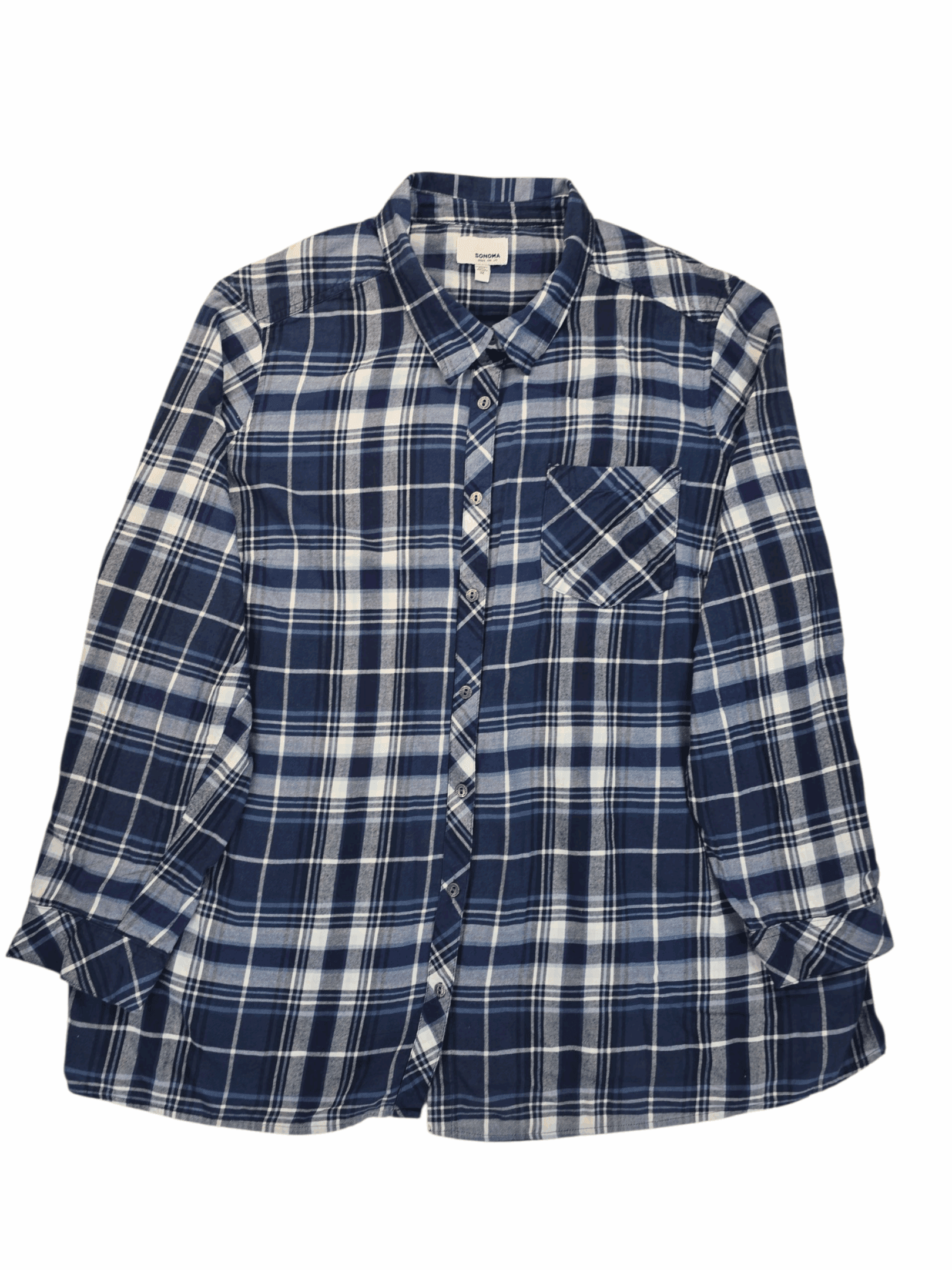 Front view of Sonoma blue and white plaid brushed cotton button-up shirt in men’s size 3X showing collar, button placket, and chest pocket.