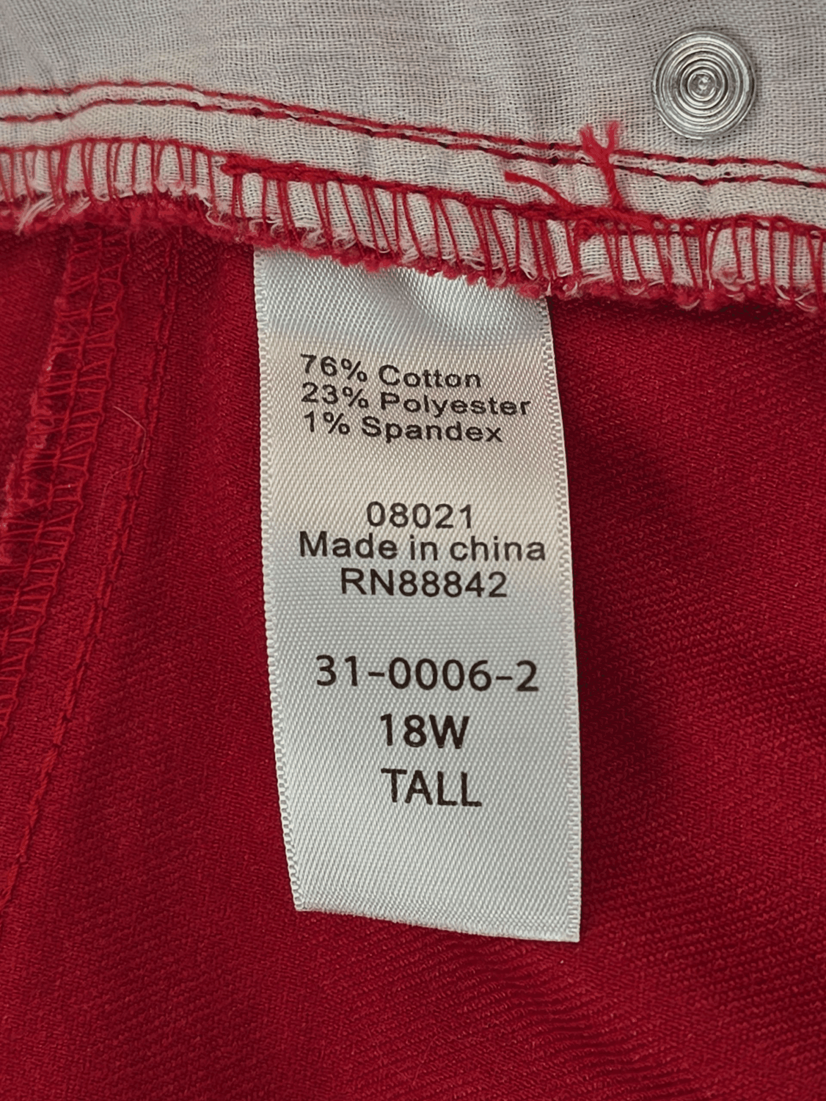 Woman Within red straight-leg denim jeans material content label