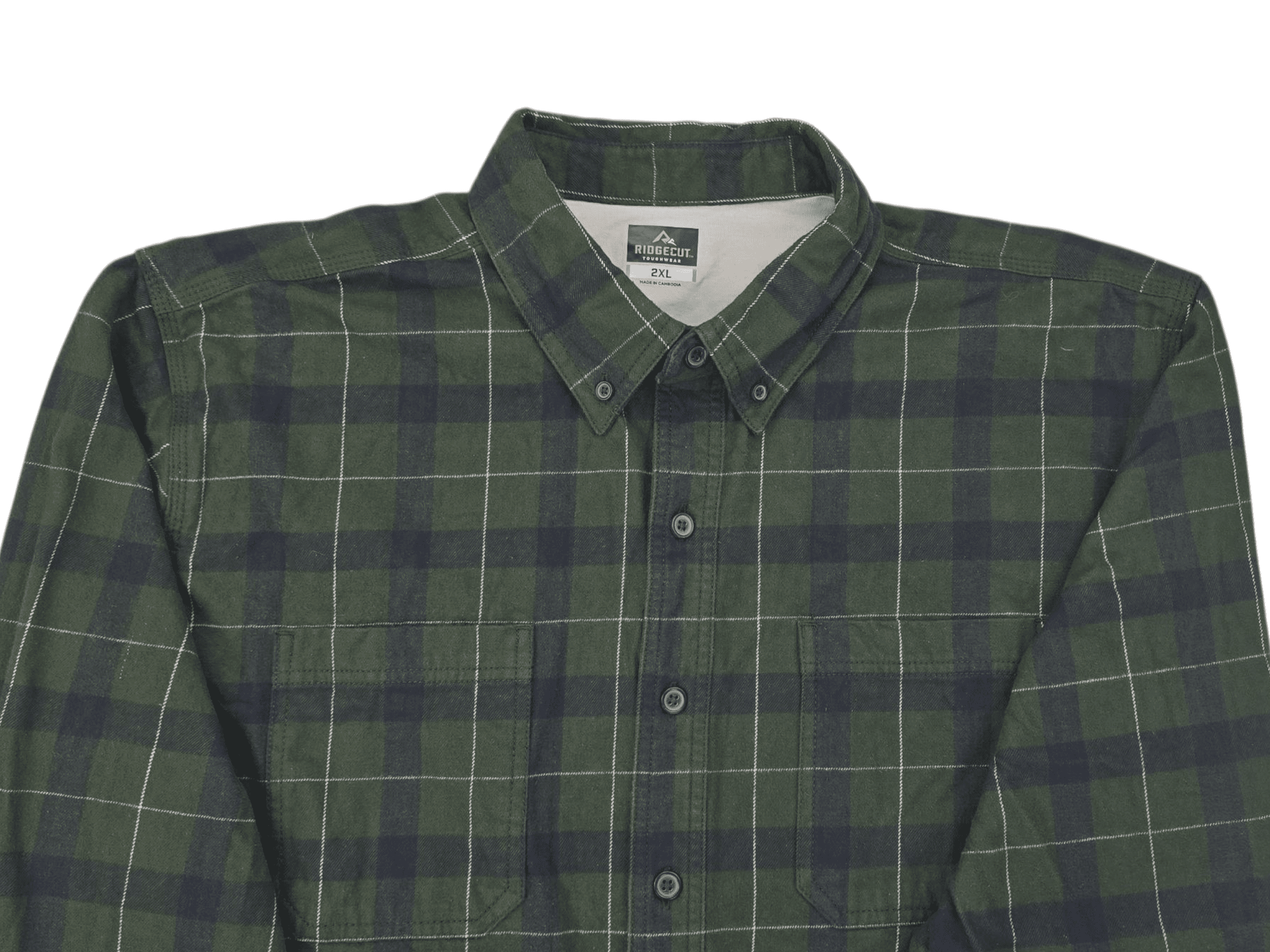 Green and navy plaid button-up shirt with collar.