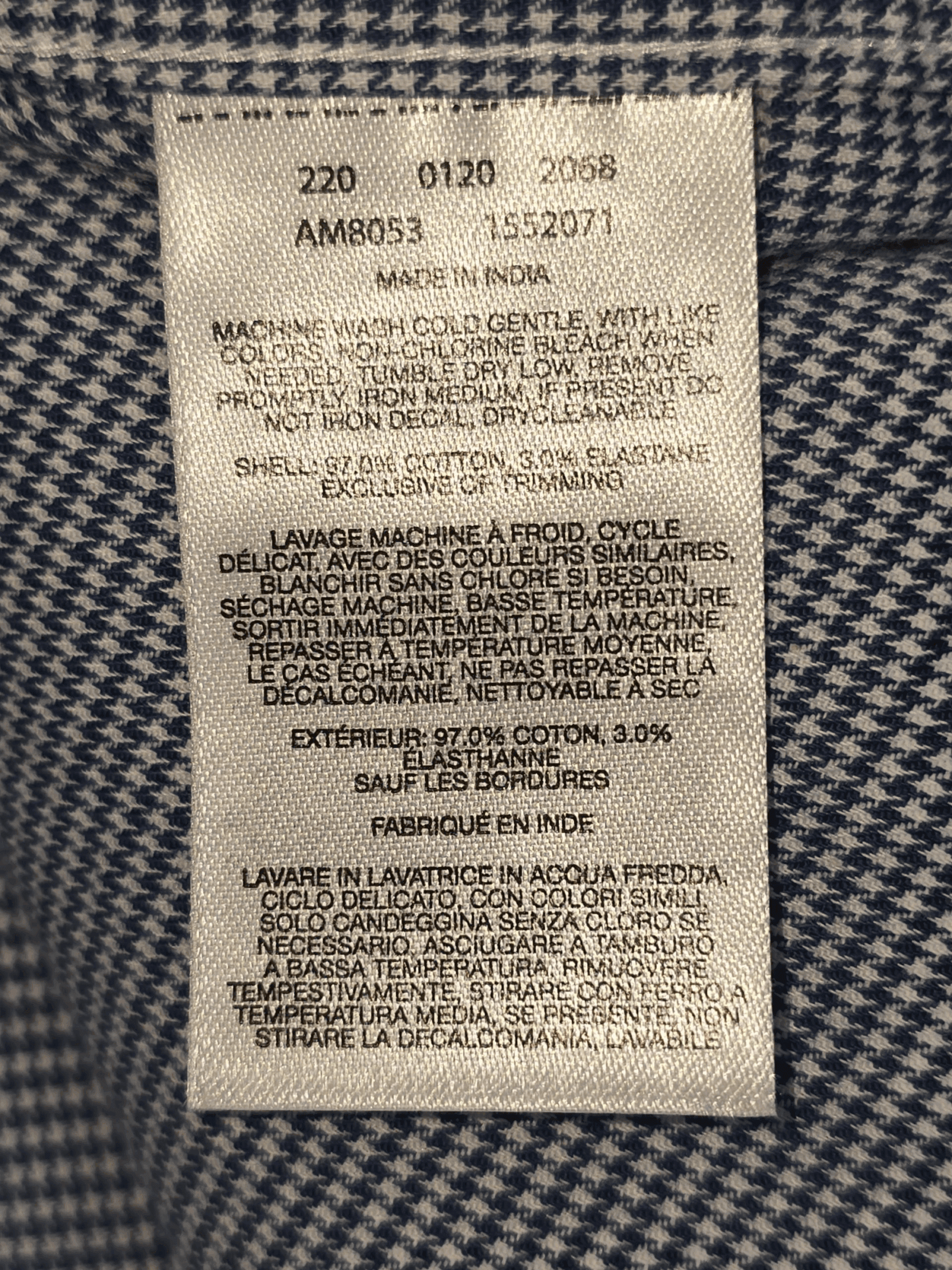 Garment care instruction tag from Columbia blue and white micro-houndstooth cotton stretch button-up shirt men’s size XXL