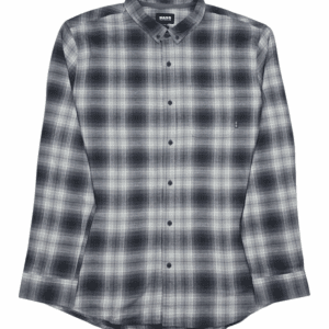 Front view of Bass Outdoor gray and white plaid flannel shirt in men’s size 2XL showing button front, collar, and chest pockets.