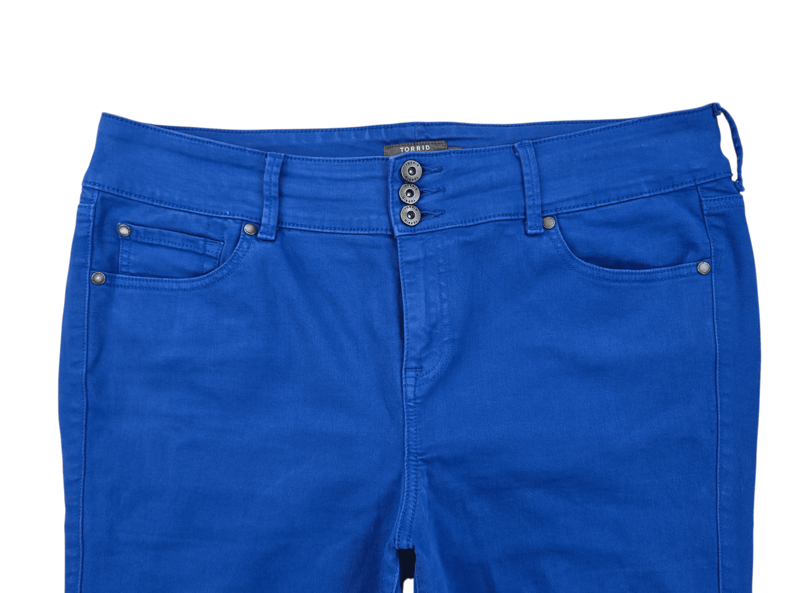 Bright blue jeans with triple button closure and front pockets.