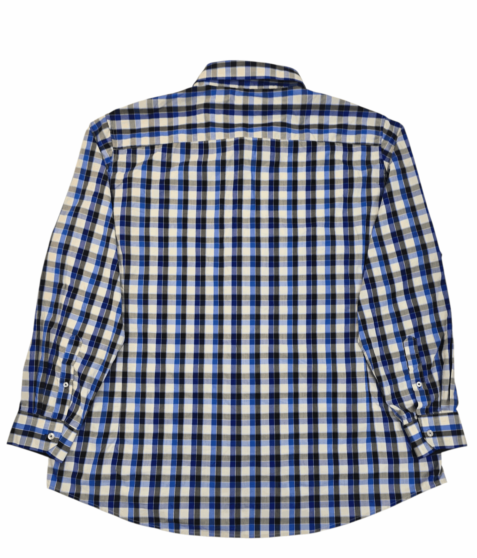 Blue and white checkered long-sleeve shirt.