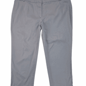 Pair of light gray trousers laid flat on a white surface.