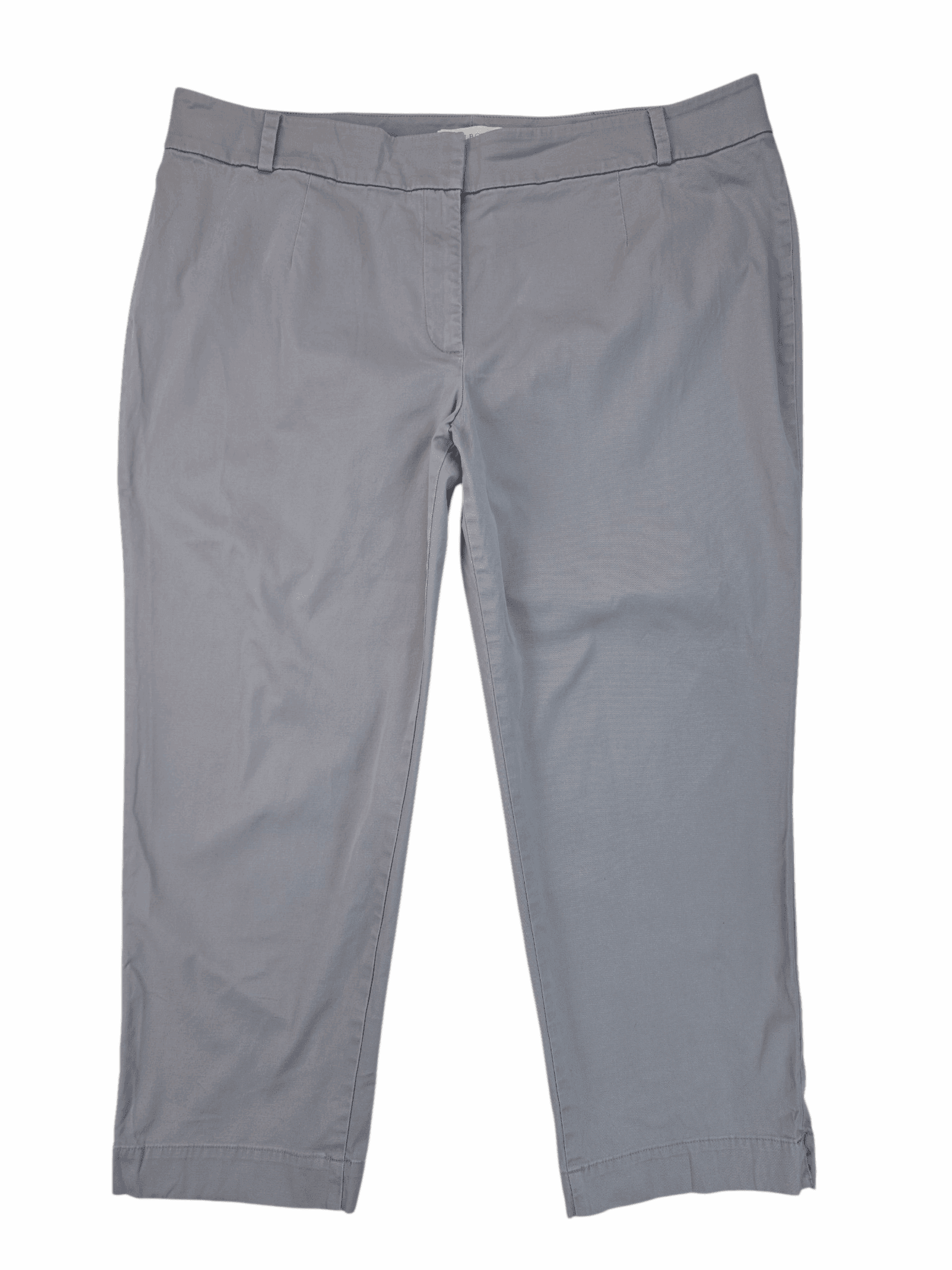 Pair of light gray trousers laid flat on a white surface.