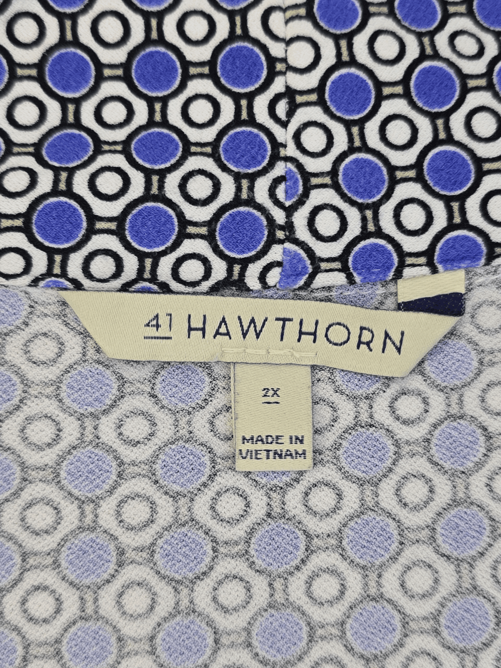 Fabric with circular patterns and a label reading '41 Hawthorn'.