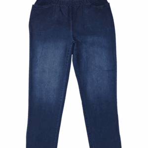 A pair of dark blue denim jeans laid flat on a white background.