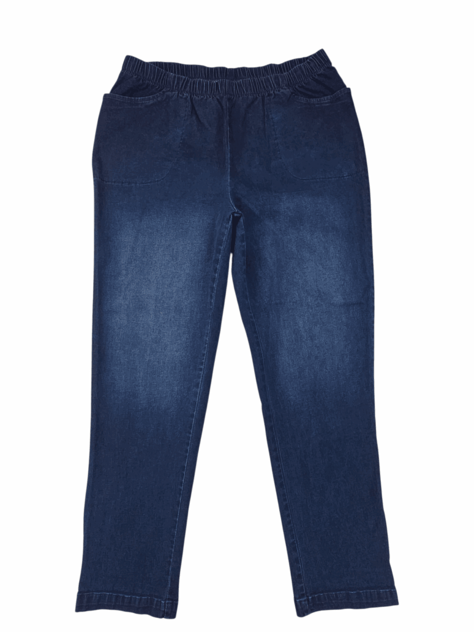 A pair of dark blue denim jeans laid flat on a white background.