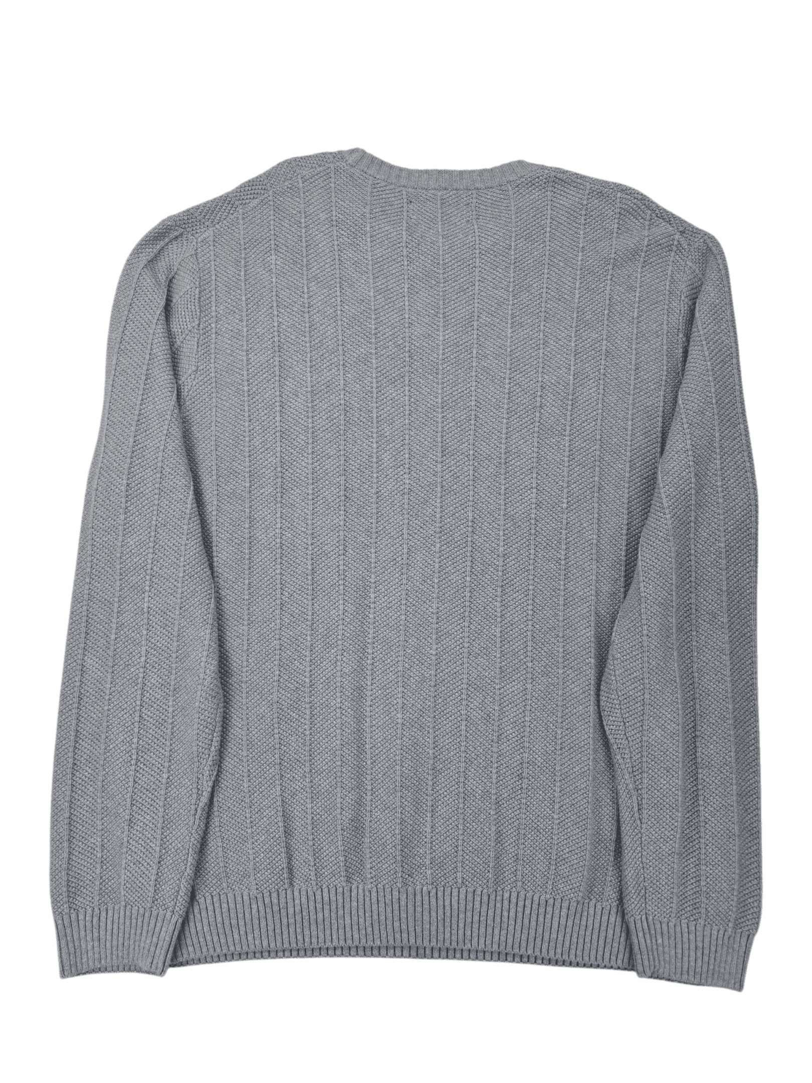 Gray cable knit sweater with a round neckline.