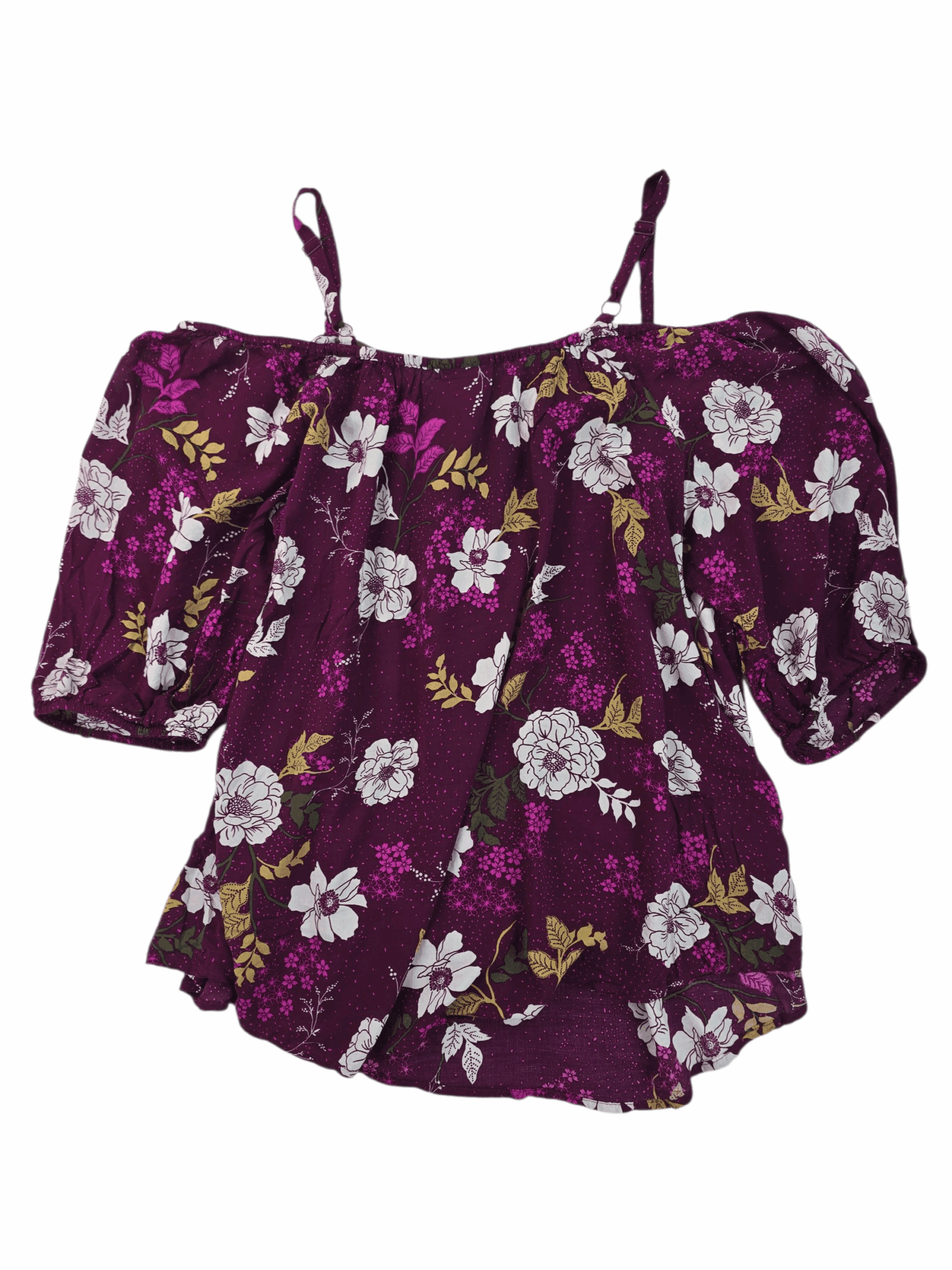 Purple floral off-shoulder blouse with short sleeves and spaghetti straps.