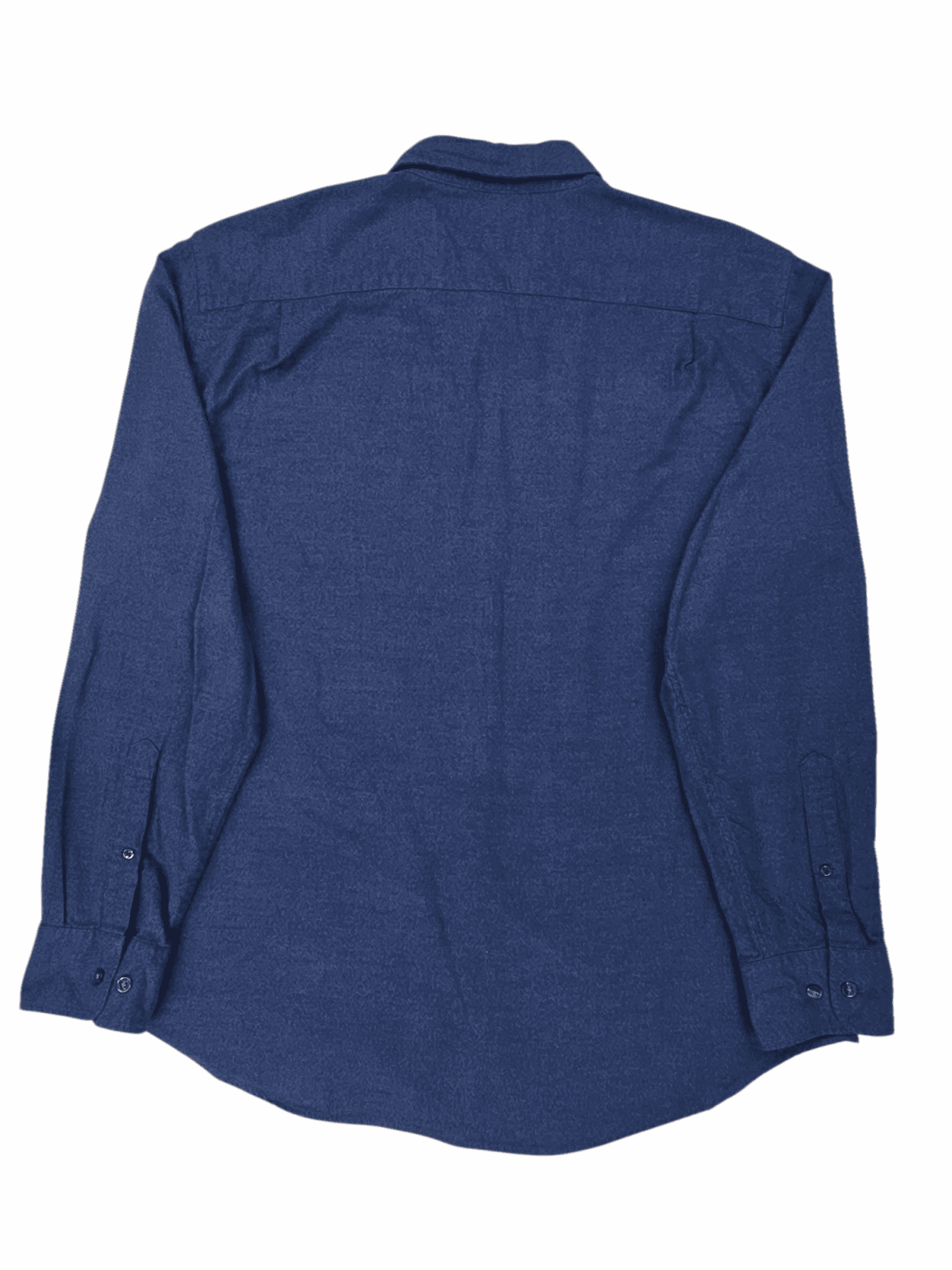 Back view of a navy blue long-sleeve shirt.