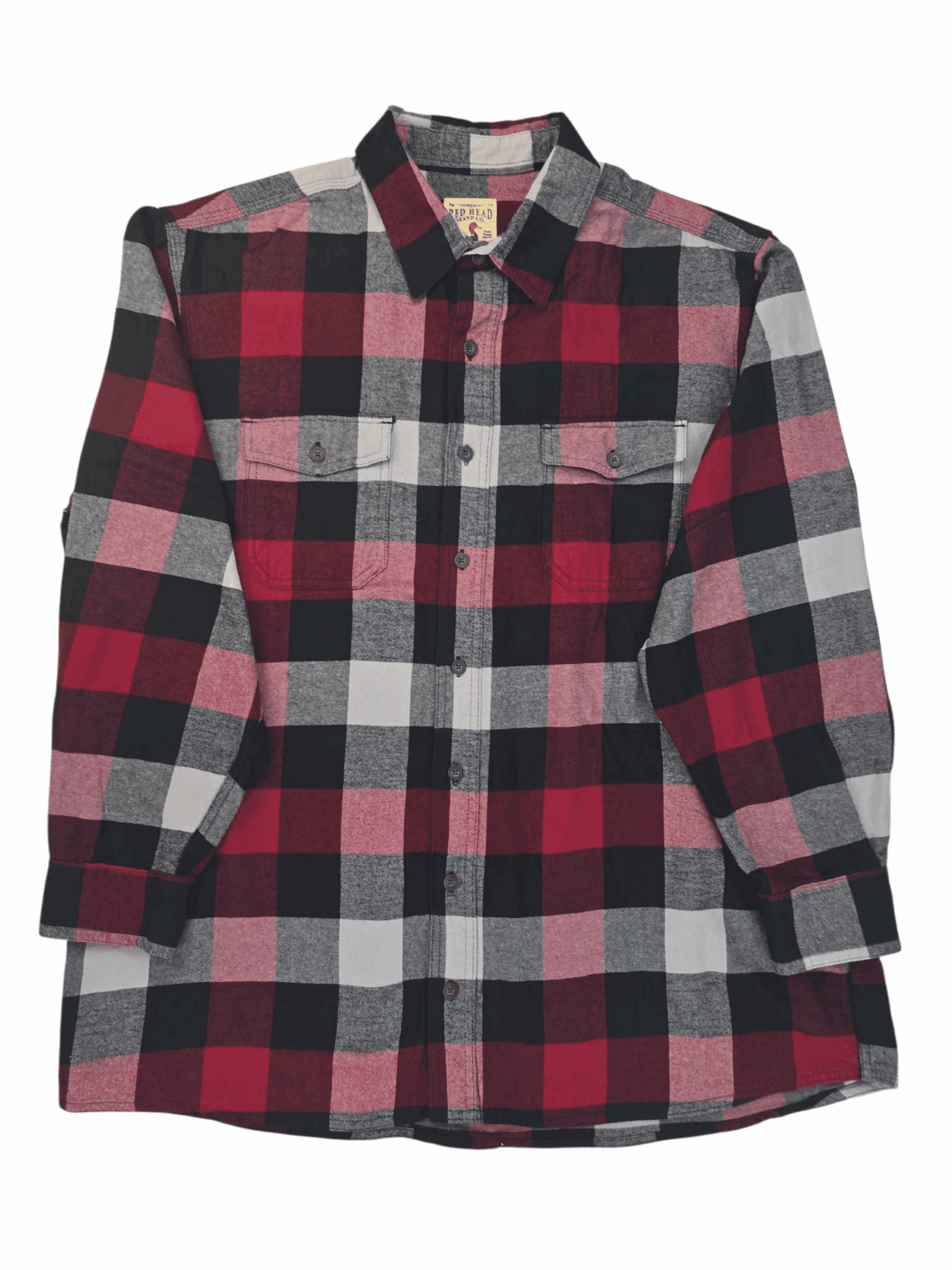 Front view of Red Head red, black, and gray plaid flannel button-up shirt in men’s size 2XLT showing collar, chest pockets, and soft flannel texture.