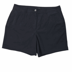 A pair of black casual shorts with a button closure.