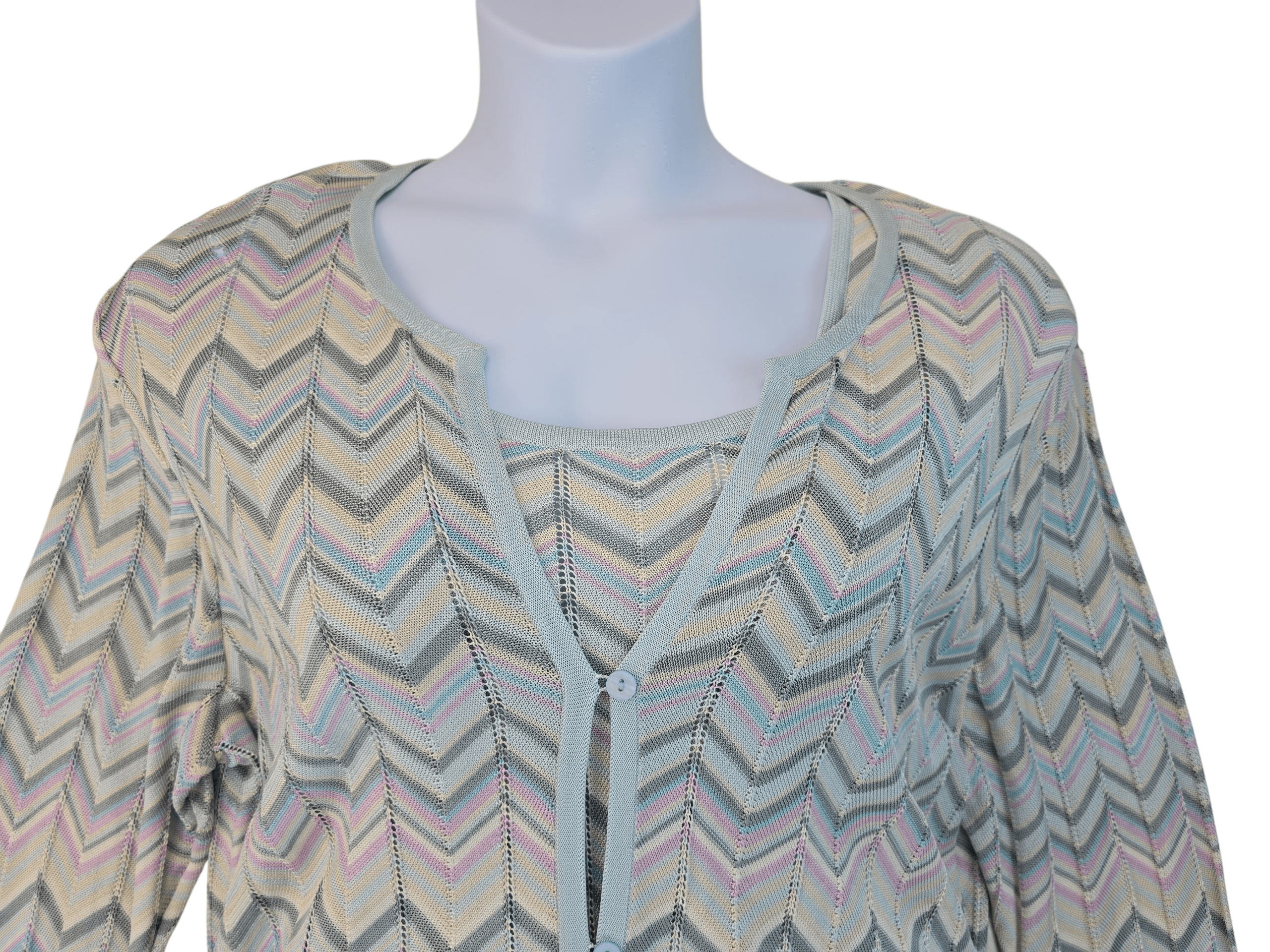 Lightweight chevron knit cardigan with matching camisole.