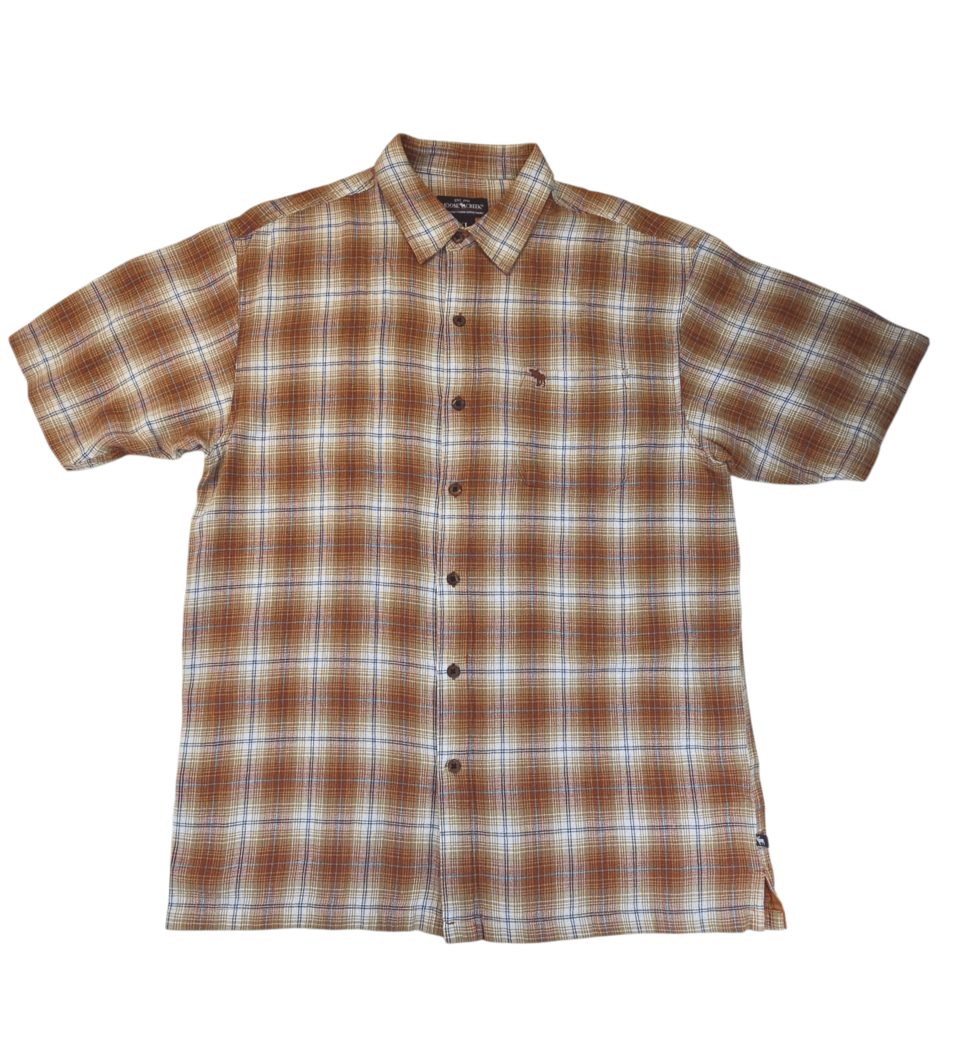 Moose Creek plaid woven button-up short sleeve shirt men’s size XL – front view