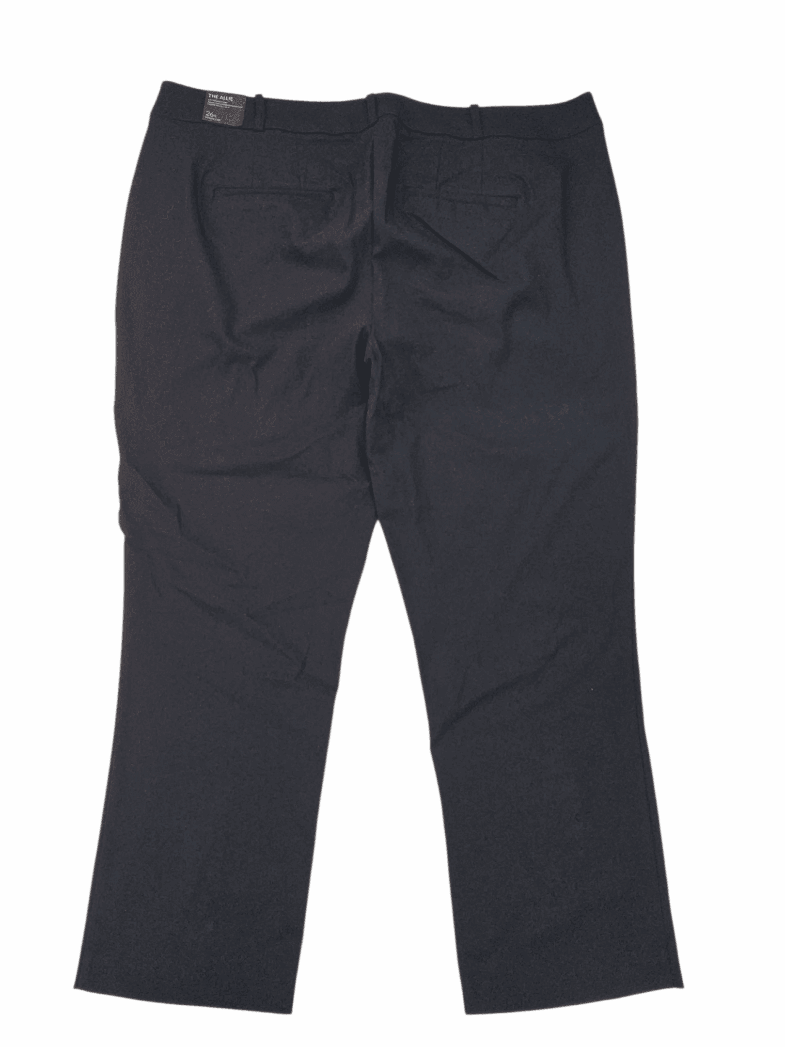 A pair of dark-colored pants laid flat on a white background.