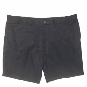 A pair of black shorts with a button and zipper closure.