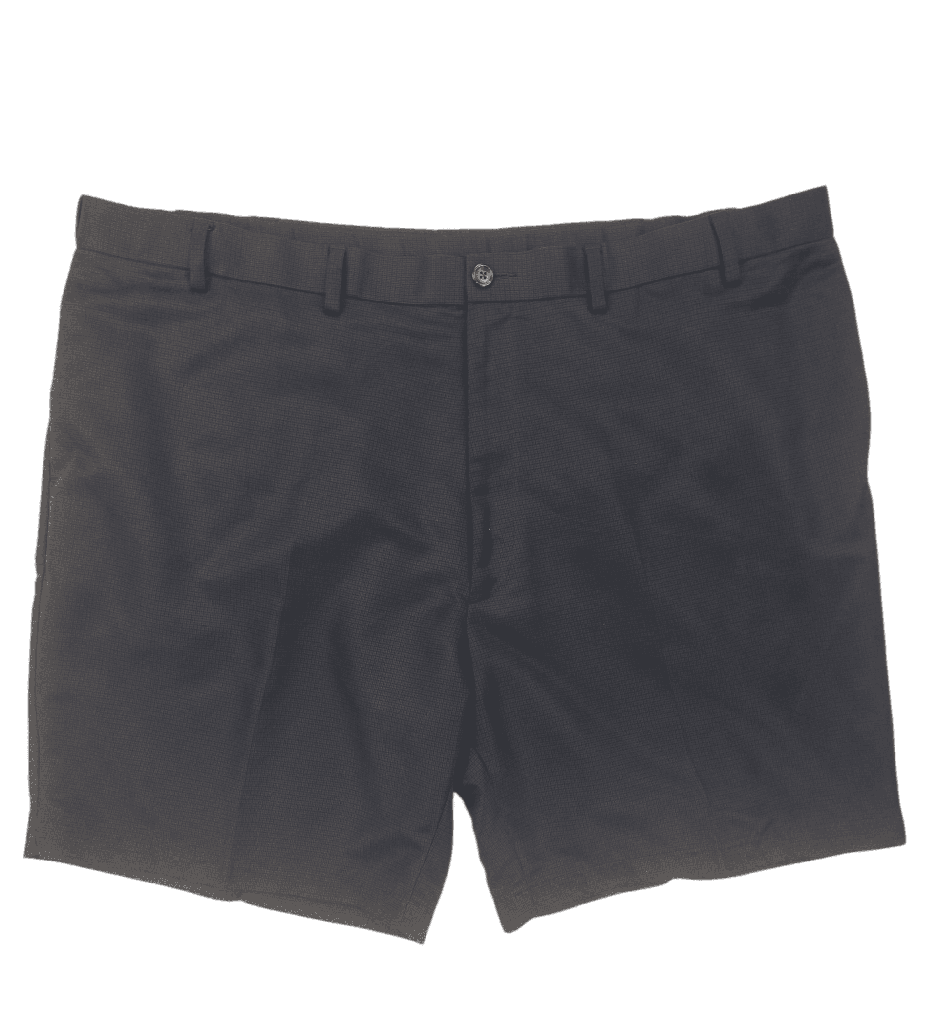 A pair of black shorts with a button and zipper closure.