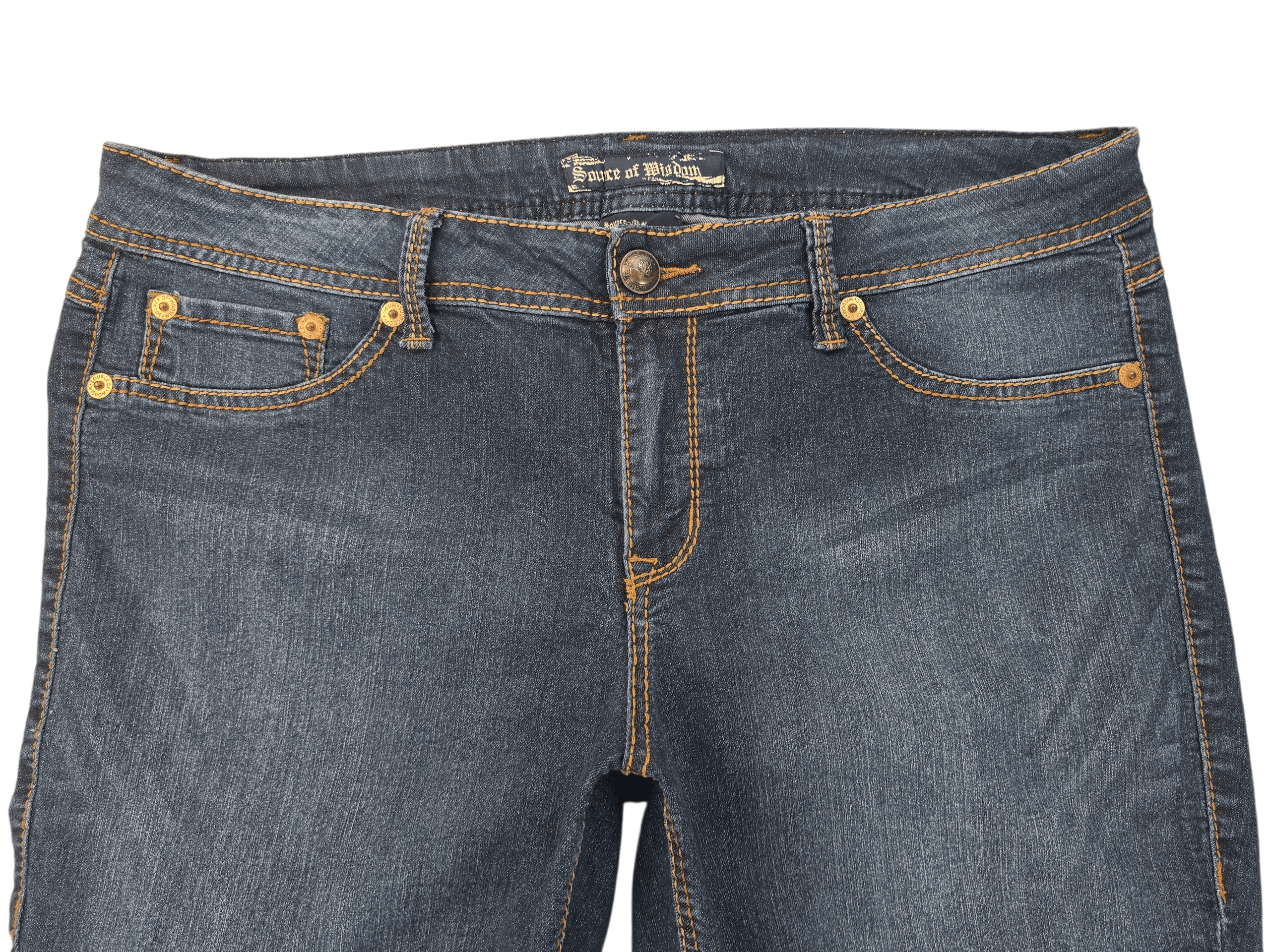 Front view of blue denim jeans with pockets and belt loops.