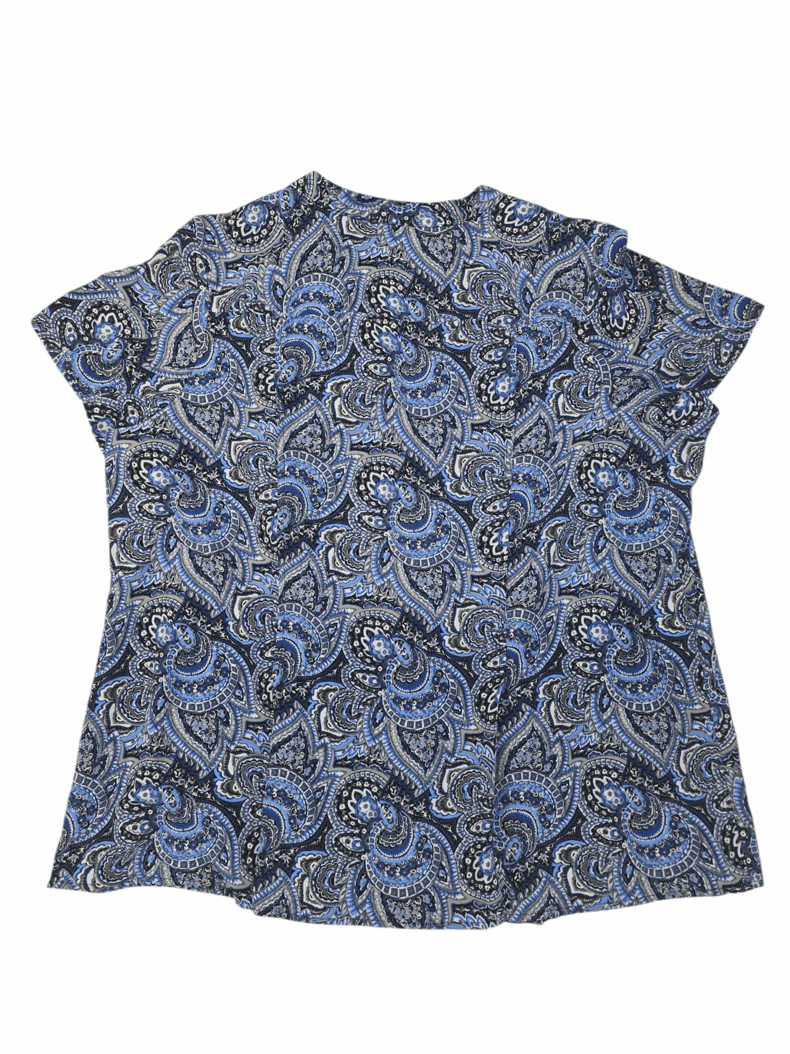 Blue paisley patterned short-sleeve blouse.