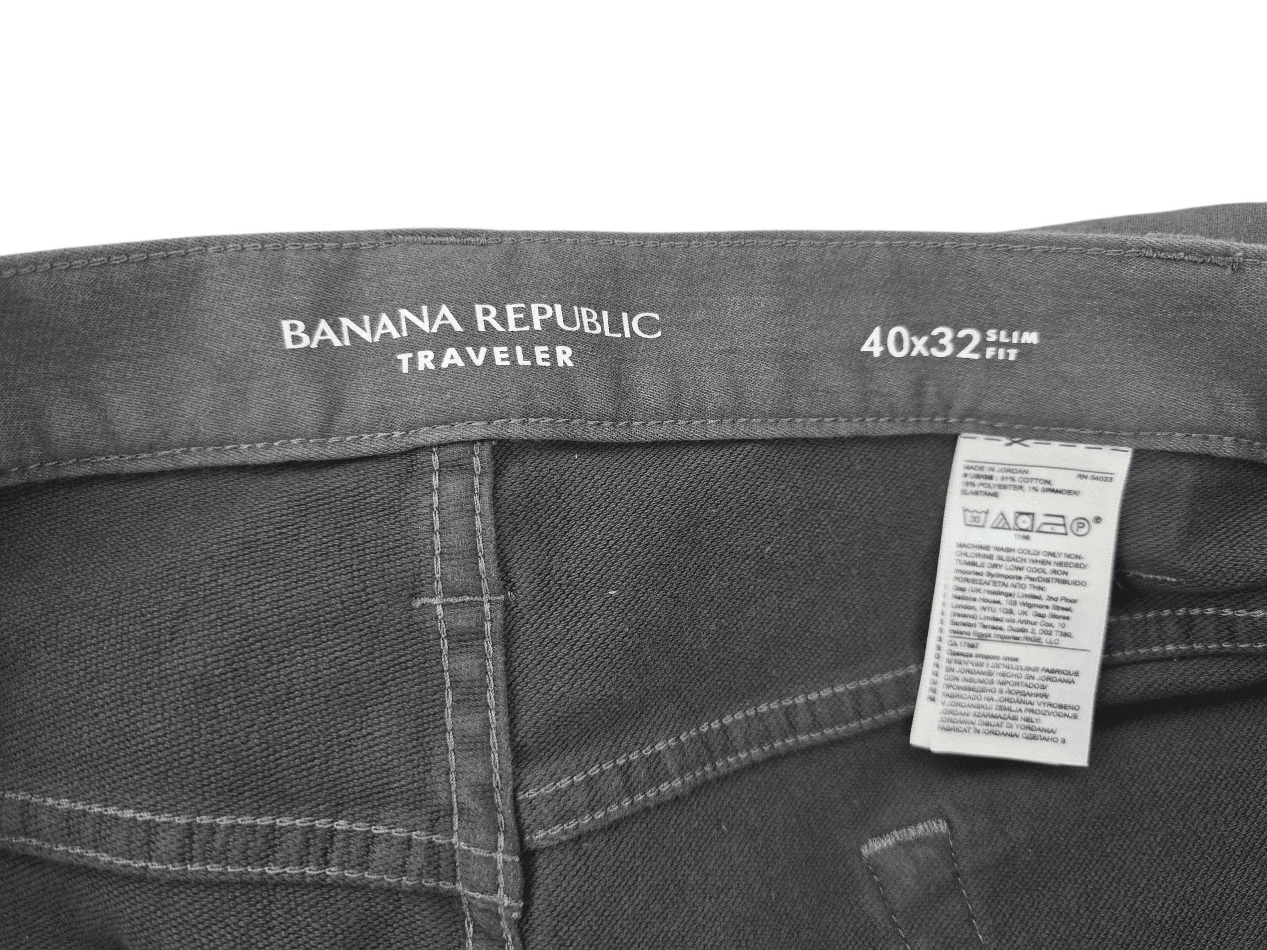 Close-up of Banana Republic Traveller jeans label and tag.