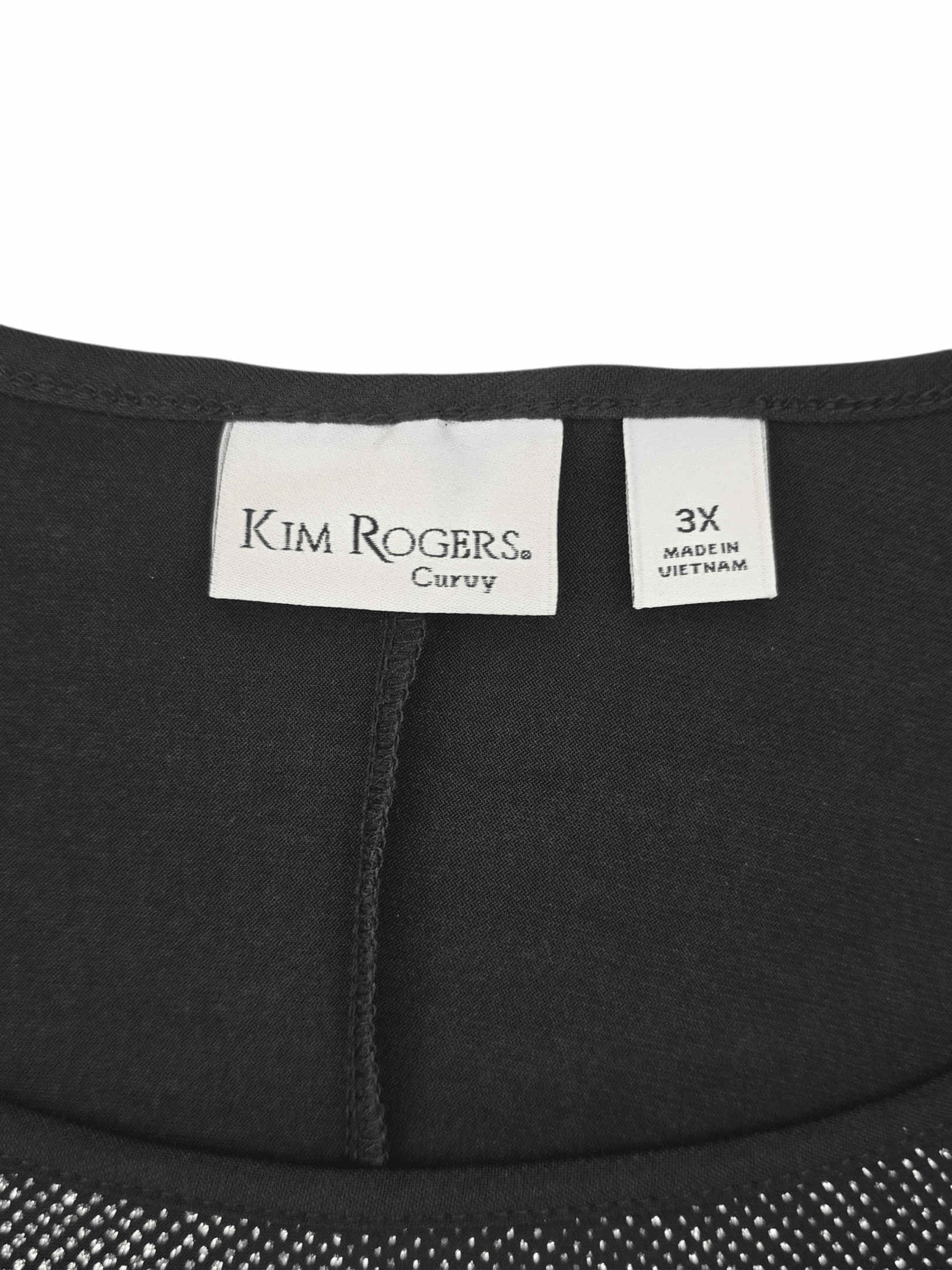 Kim Rogers brand and size tag on black & silver sparkle pullover top size 3X