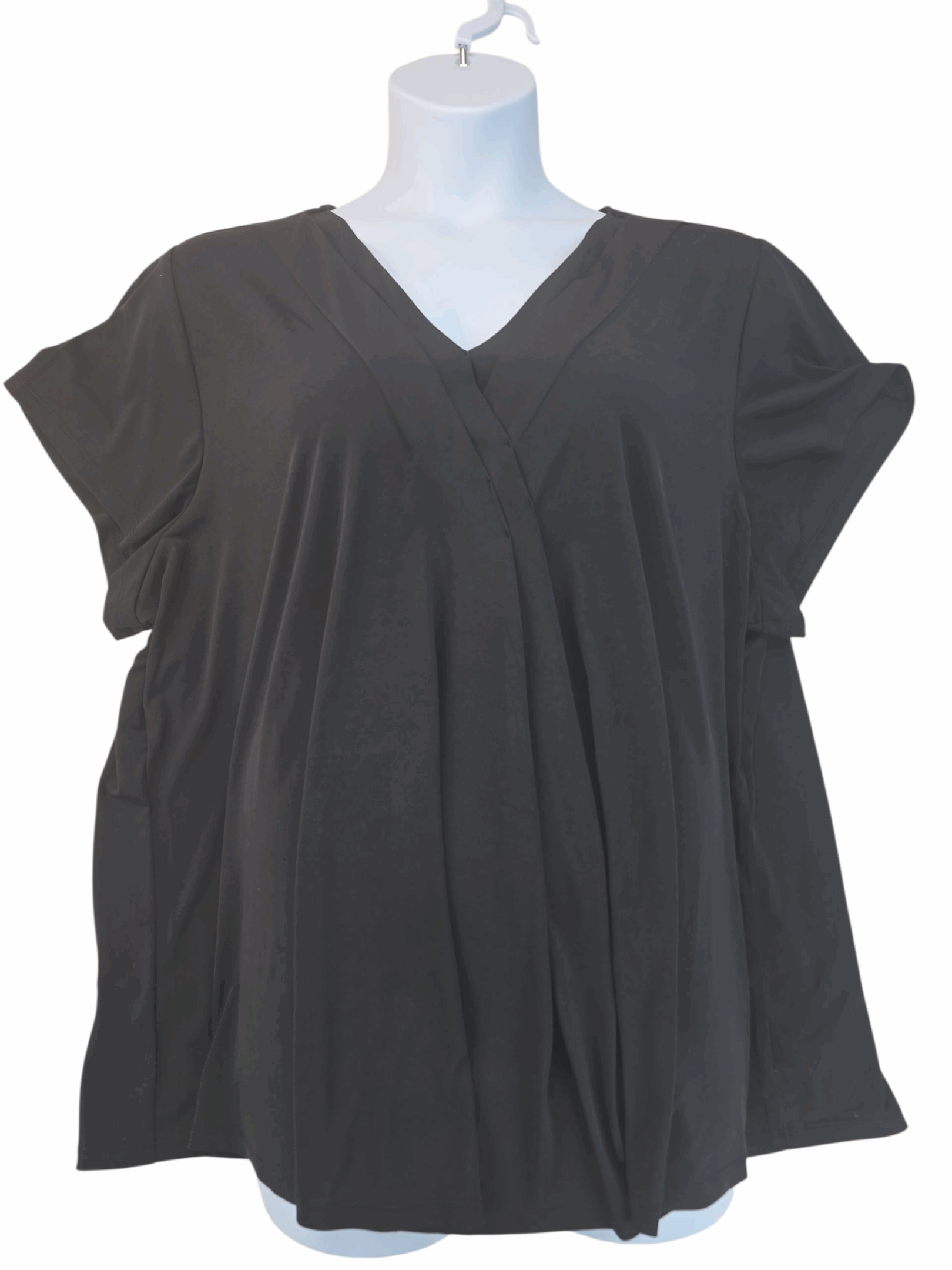 Black V-neck loose blouse with cap sleeves.