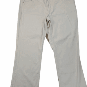 Pair of beige casual pants with pockets and belt loops.