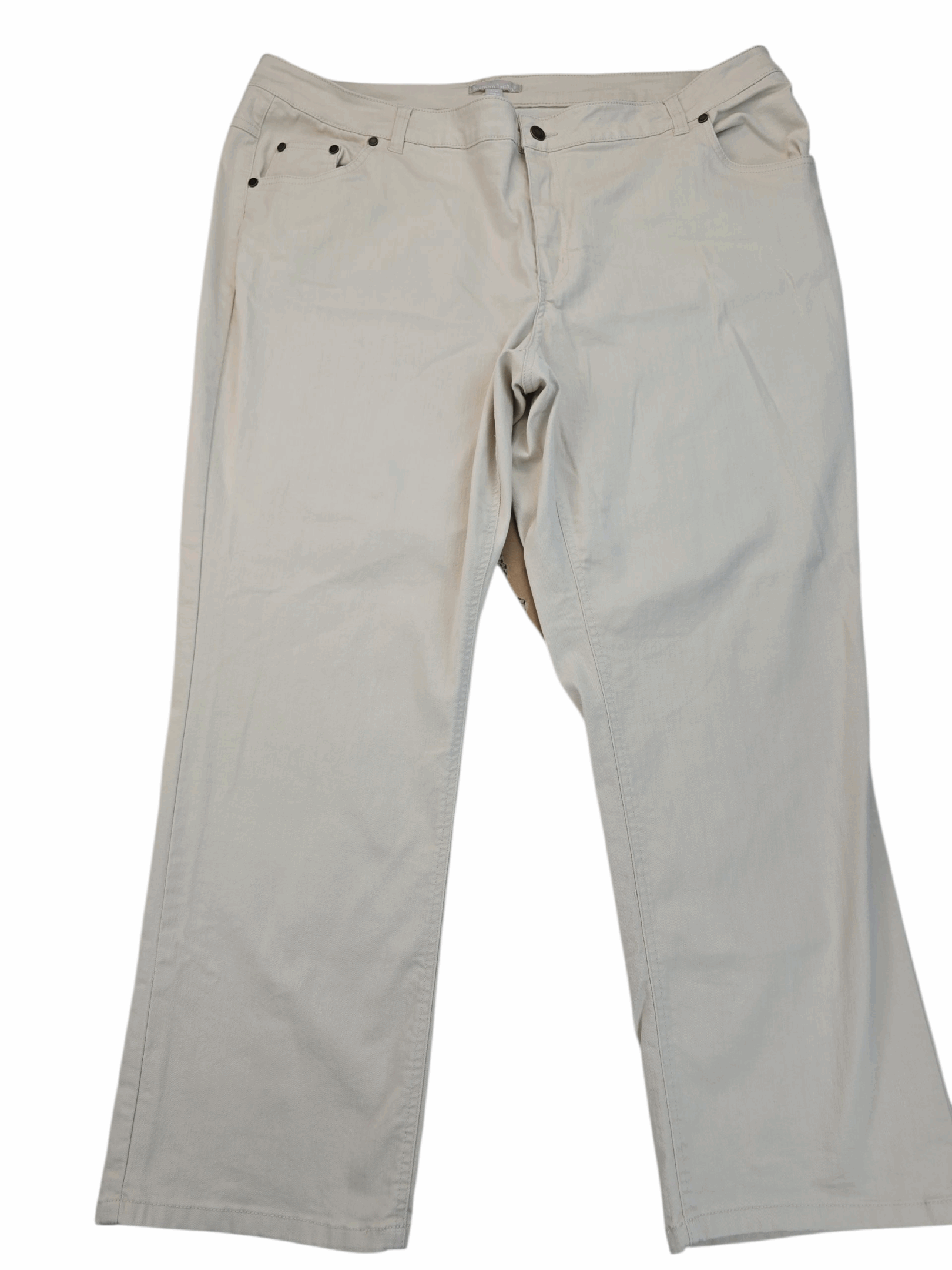 Pair of beige casual pants with pockets and belt loops.