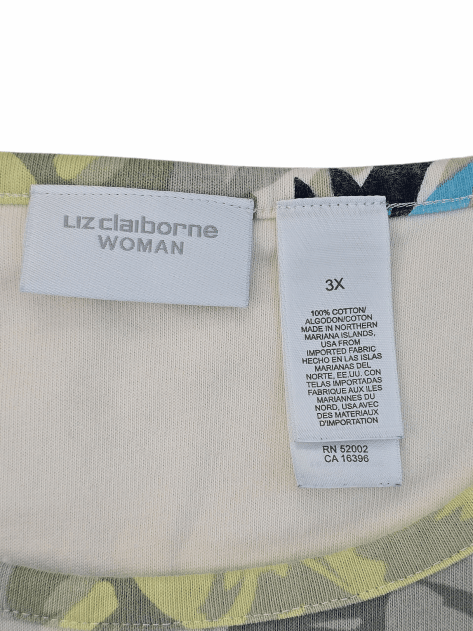 Close-up of clothing labels showing brand and care instructions.