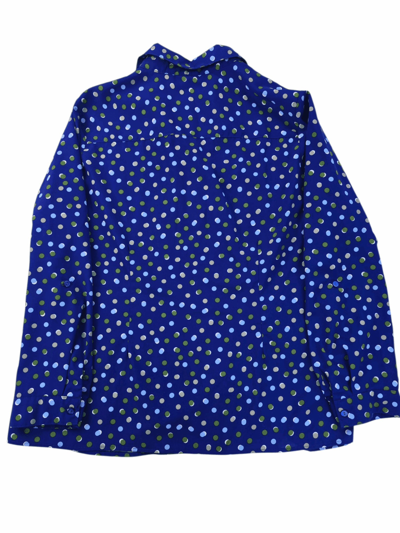 Blue long-sleeve shirt with white star pattern.