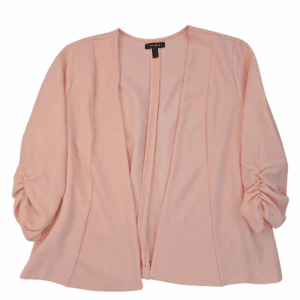 Light pink open-front blazer with ruched sleeves.