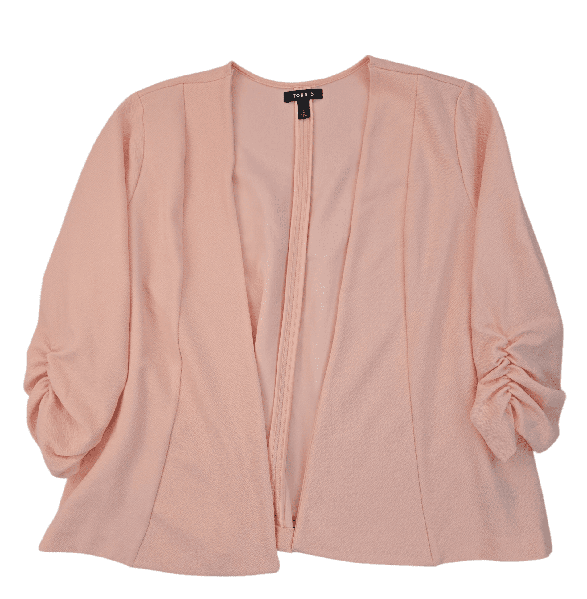 Light pink open-front blazer with ruched sleeves.