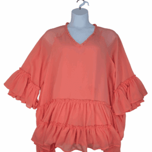 Roaman’s coral ruffle V-neck pullover top women’s plus size 28W – front view