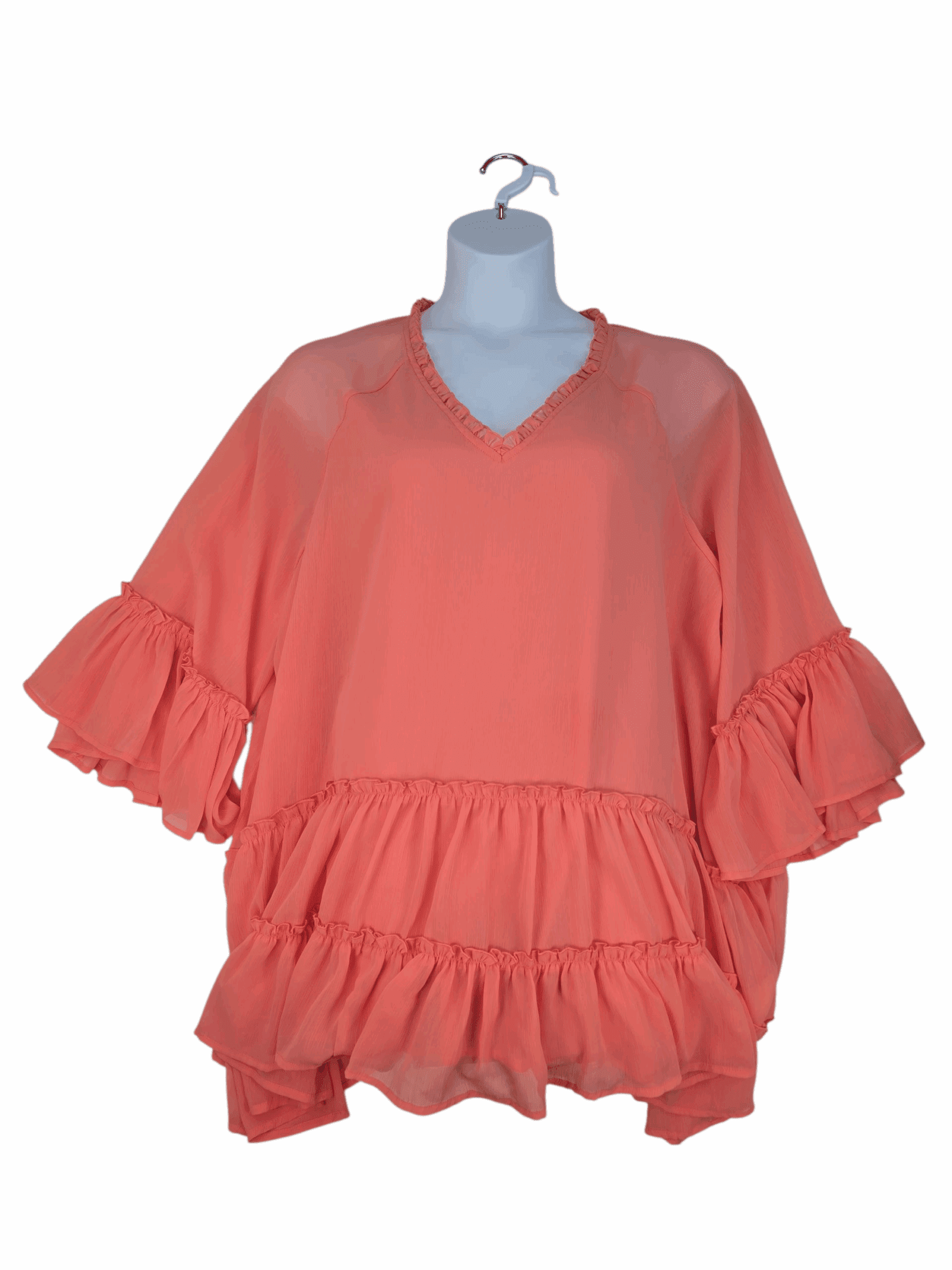 Roaman’s coral ruffle V-neck pullover top women’s plus size 28W – front view