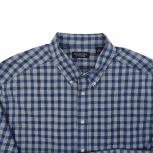 Close-up of check pattern and button details on Roundtree & Yorke blue checked long sleeve shirt men’s big & tall size 3XT