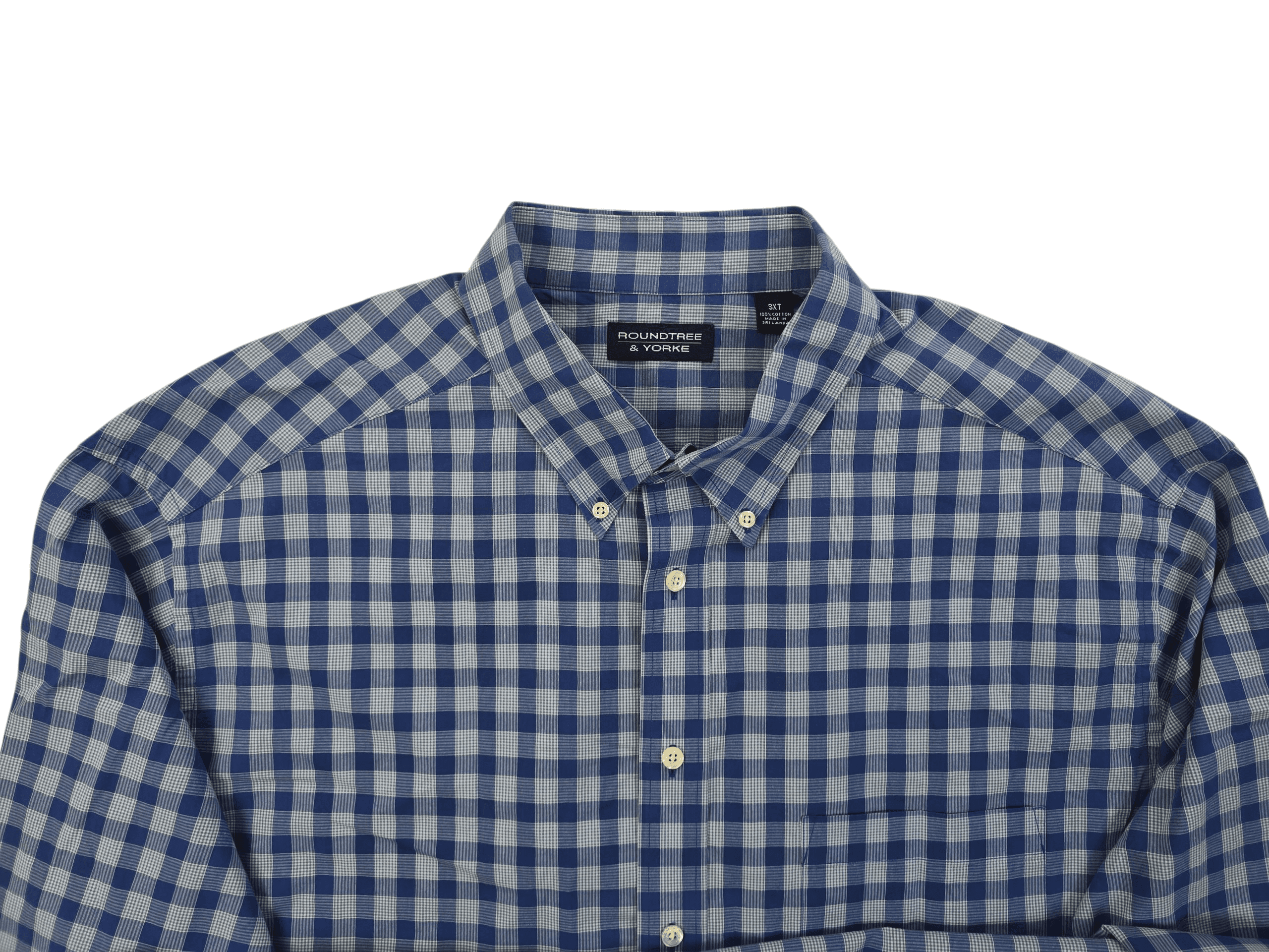 Close-up of check pattern and button details on Roundtree & Yorke blue checked long sleeve shirt men’s big & tall size 3XT
