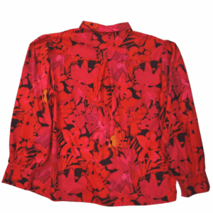 Red floral patterned long-sleeve blouse.