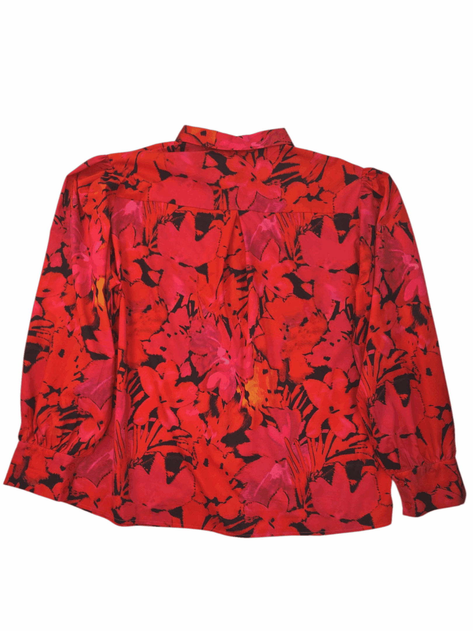 Red floral patterned long-sleeve blouse.