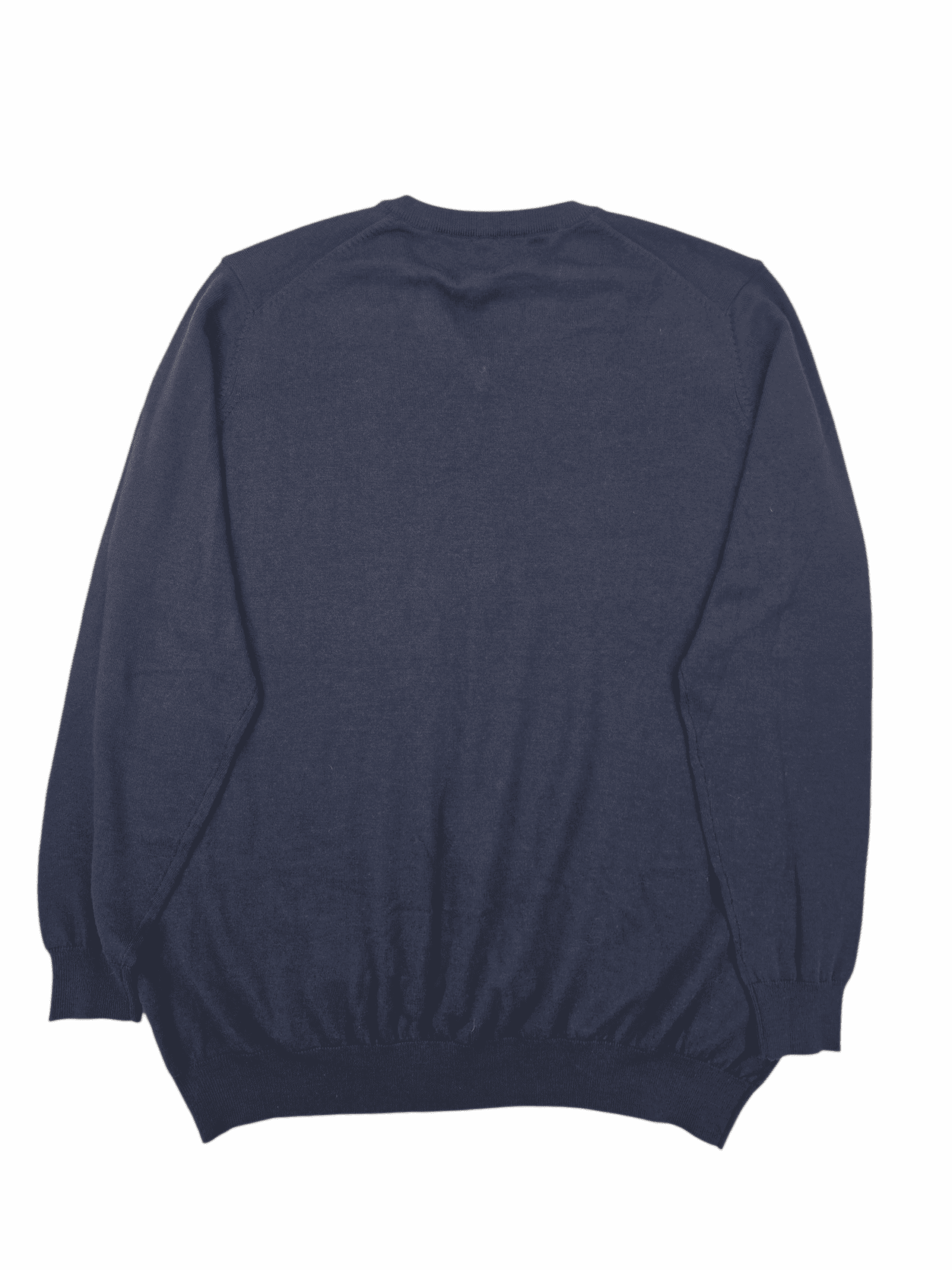 A navy blue long-sleeve sweater with ribbed cuffs and hem.