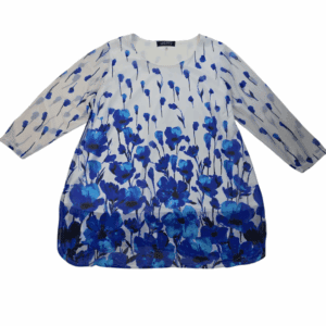 White blouse with blue floral patterns and three-quarter sleeves.