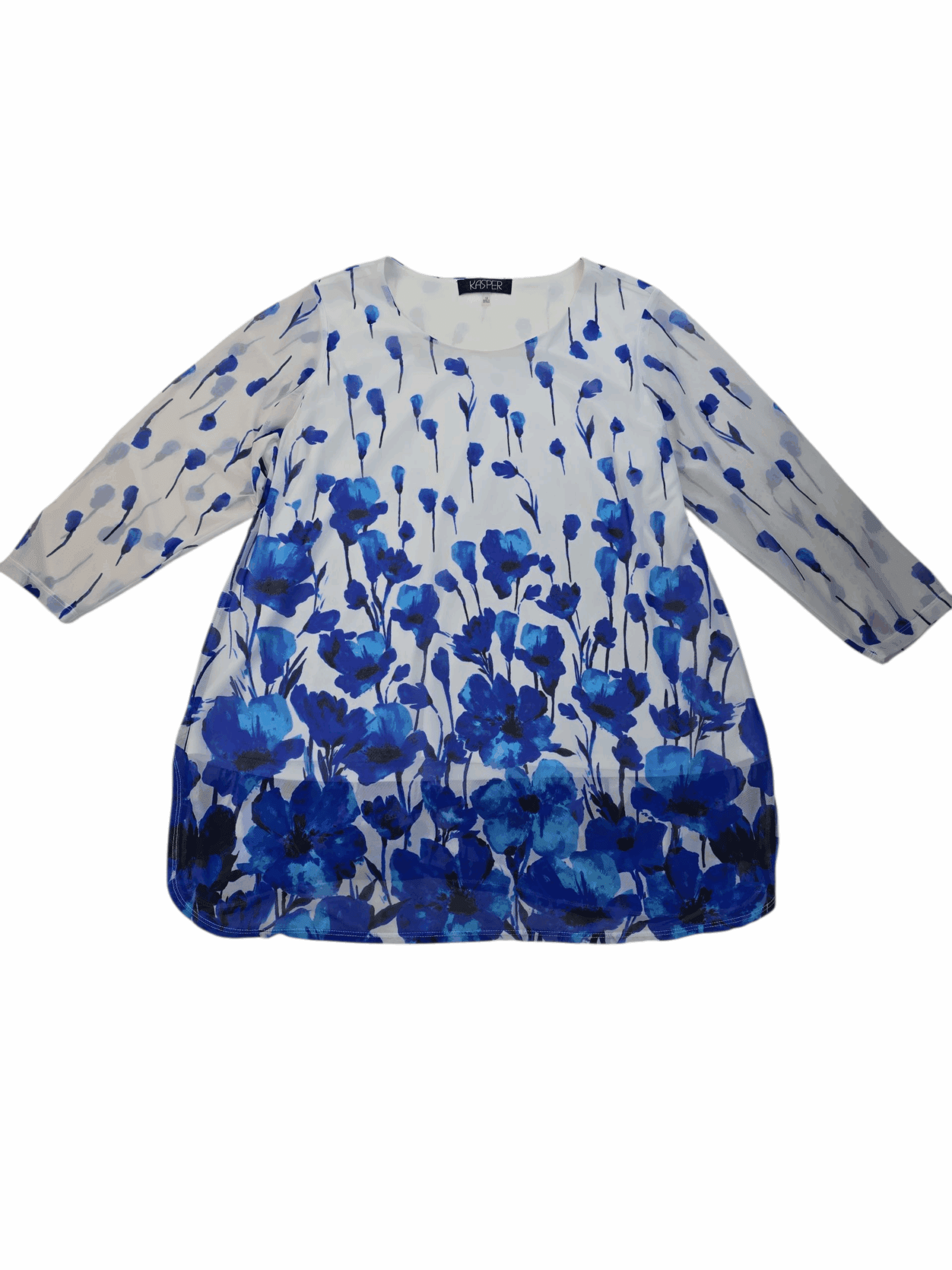 White blouse with blue floral patterns and three-quarter sleeves.