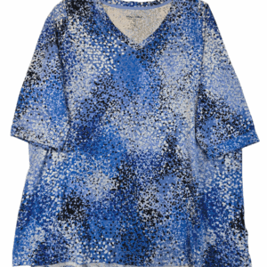 Blue and white patterned V-neck shirt.