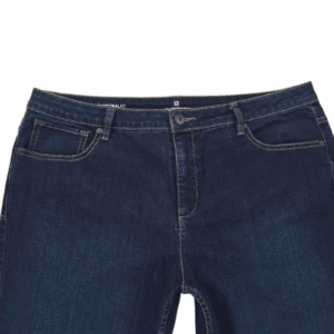 Close-up of Liz Claiborne Original Fit blue tapered leg jeans showing waistband, button, and front stitching detail.