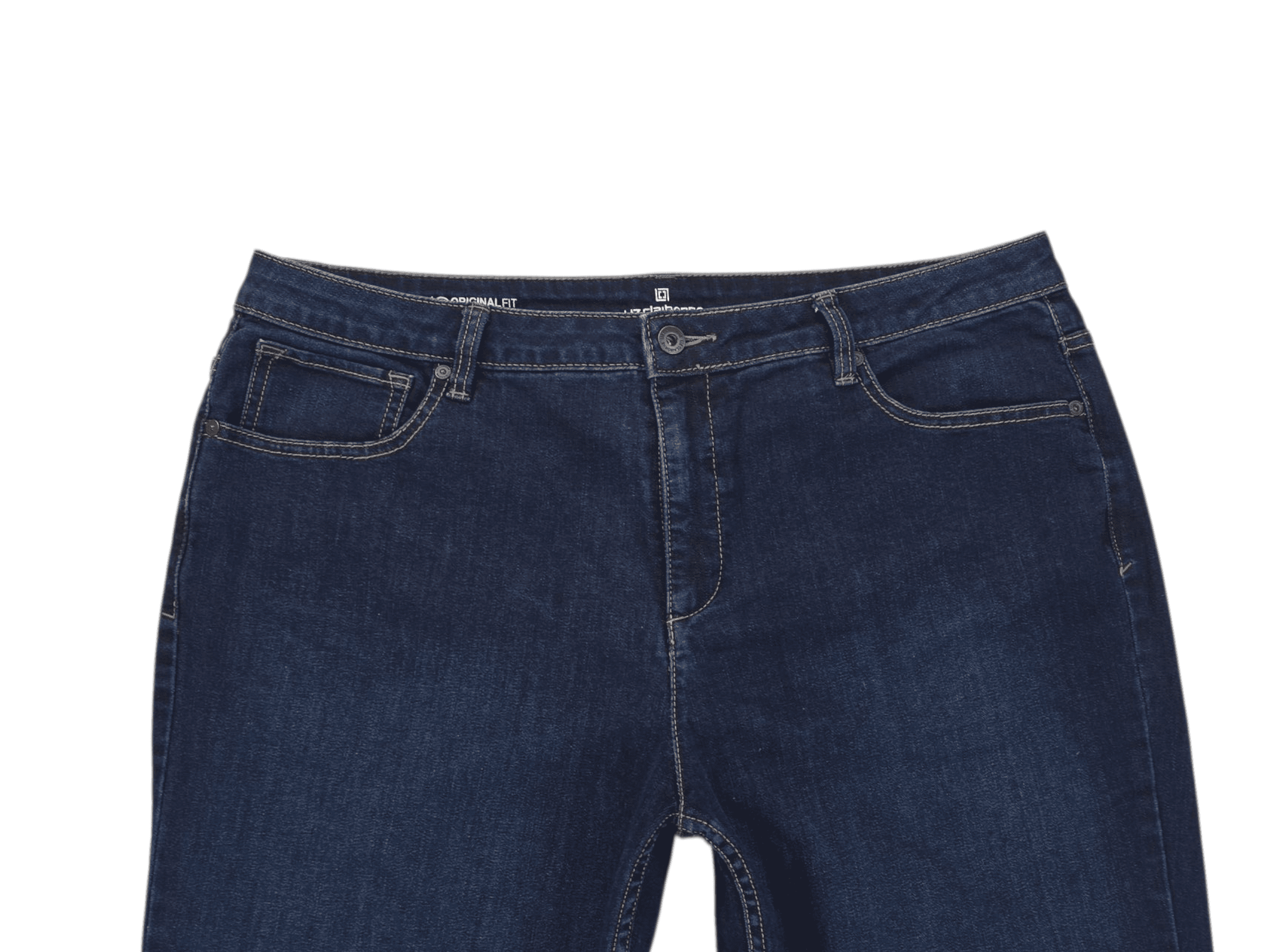 Close-up of Liz Claiborne Original Fit blue tapered leg jeans showing waistband, button, and front stitching detail.
